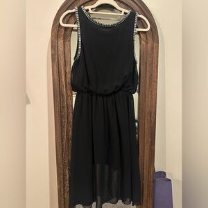 Elegant Black High-Low Dress with Embellished Neckline